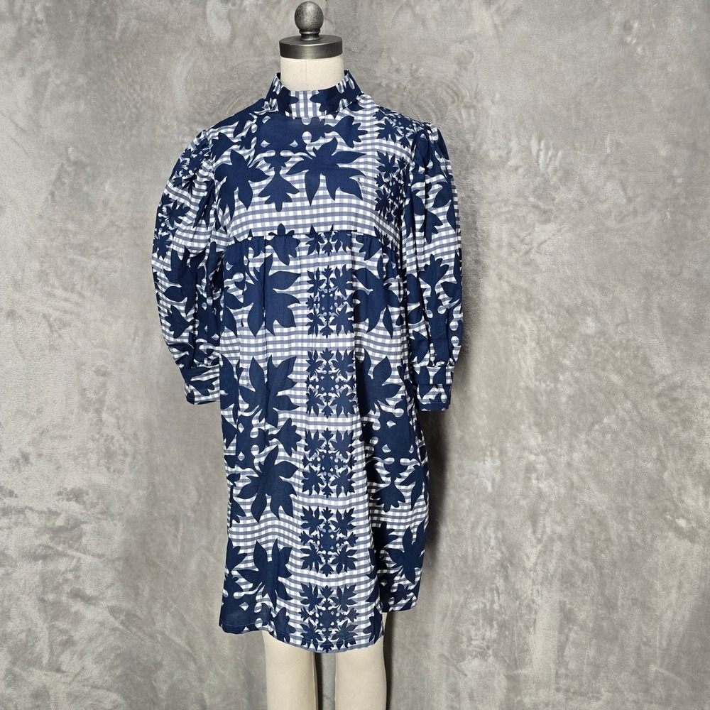 Manuheali'i Dress Womens M Blue Gingham Puff Sleeve Mock Neck Cotton Oversized
